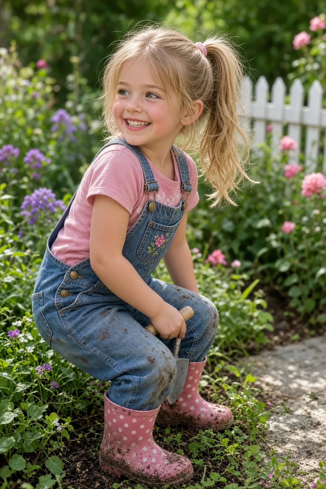 Little girl smiling in a flower garden