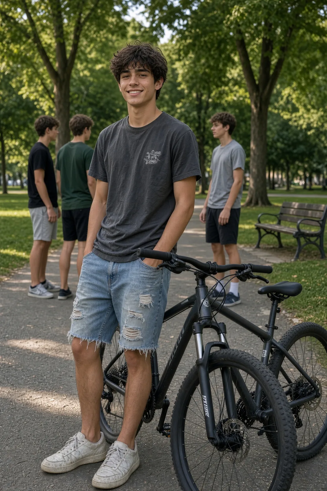Teenage boy standing with his bicycle in a park