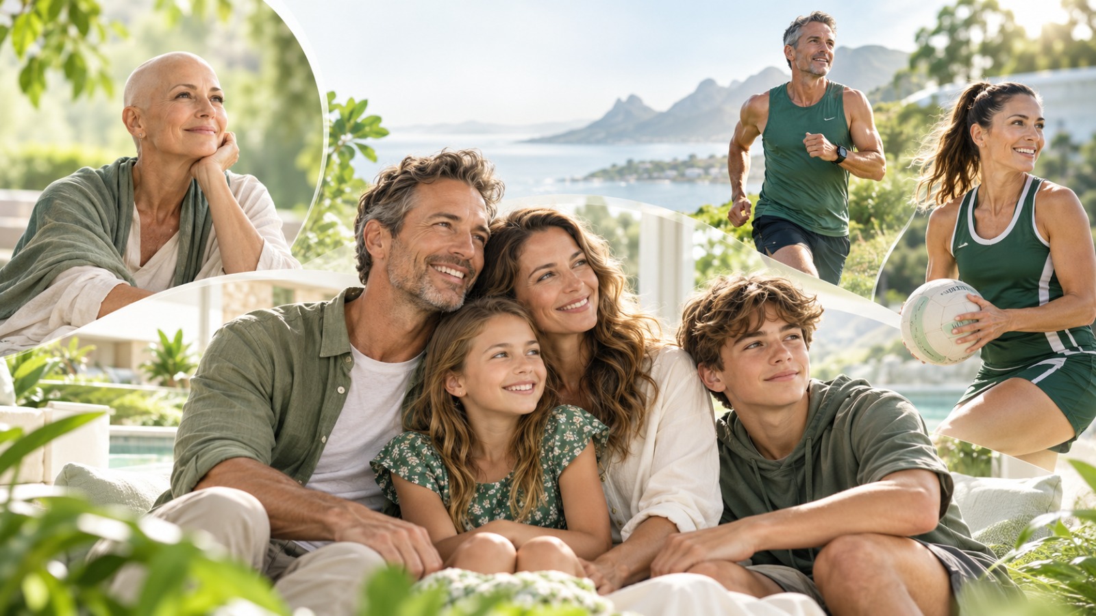 A family relaxing outdoors with people running and playing sport nearby