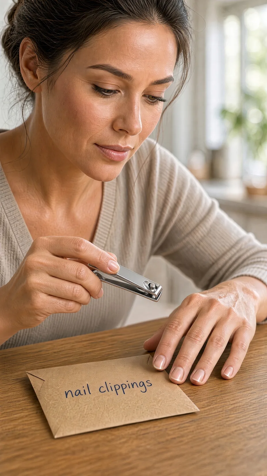Woman collecting nail clippings for remote assessment